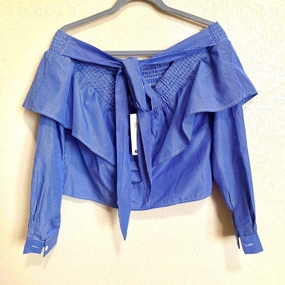 Boohoo top Blue striped Bardot crop top cuffed sleeve size 8 - Picture 2 of 11